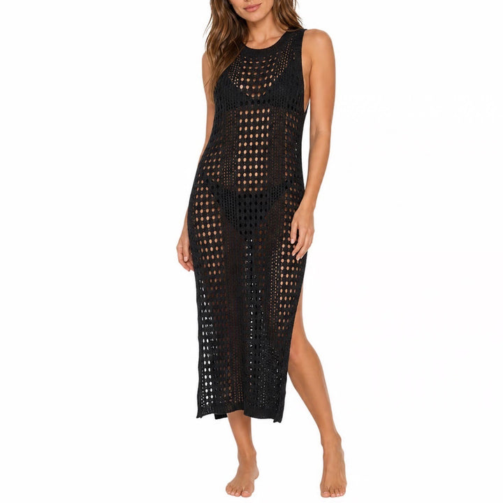 Black Crochet Knit Sleeveless Midi Dress Open Work Beach Coverup One Size