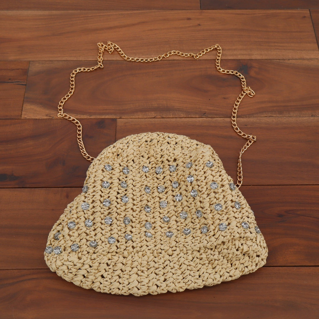 Woven Straw Rhinestone Crossbody Bag Beige Gold Chain Slouchy Pouch Clutch