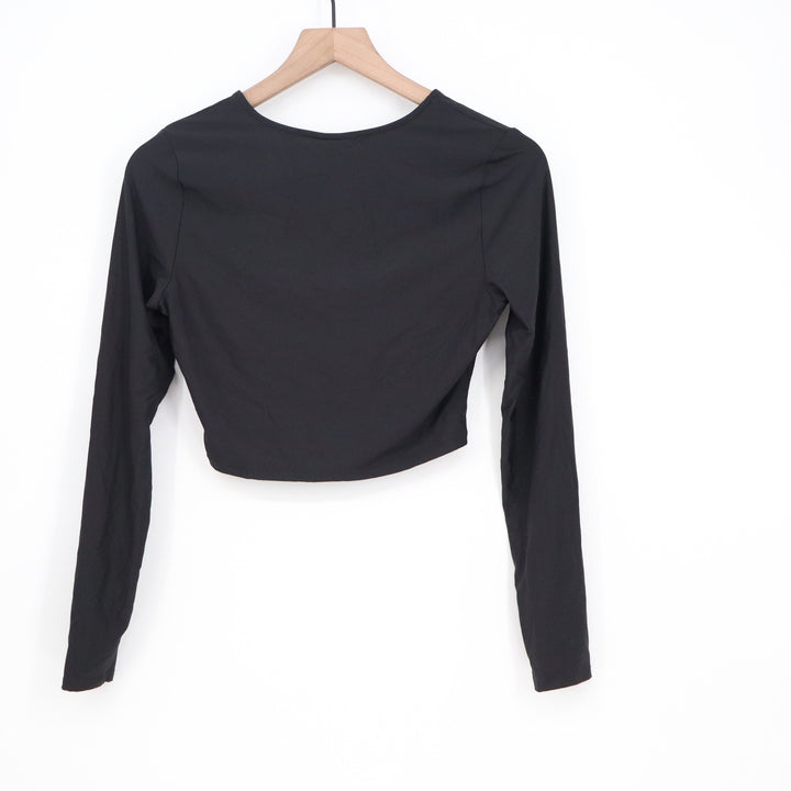 Calia Womens S Ruched Rashguard Long Sleeve Cropped Swim Top Black