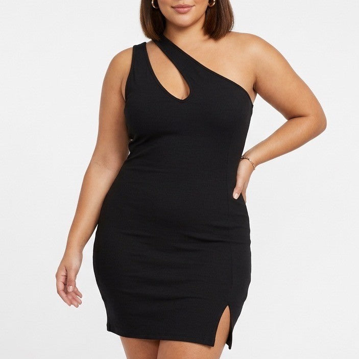 Naked Wardrobe Womens Black Asymmetrical Mini Dress Bodycon Slit
