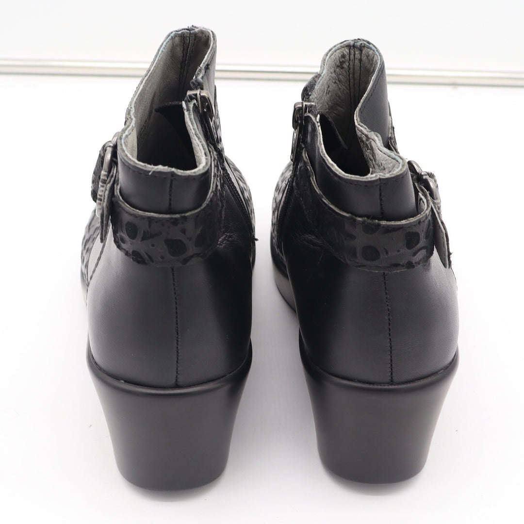 Alegria Cicely Black Leather Laser Cut Floral Ankle Wedge Boots Size 38