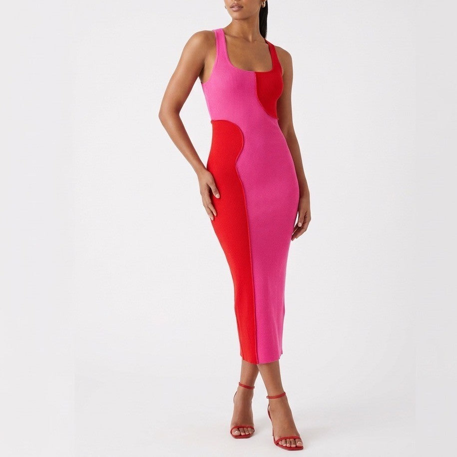 Naked Wardrobe Pink Red Colorblock Ribbed Midi Dress Size L