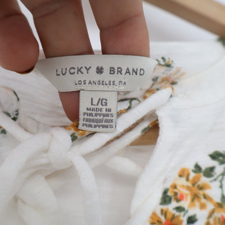 Lucky Brand Ivory Yellow Floral Lace Up Peplum Sleeveless Top Large