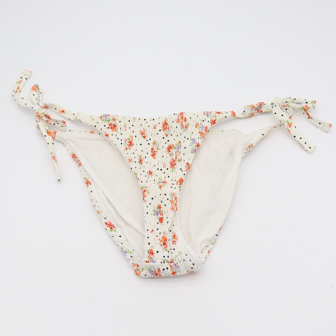 Aqua Bikini Bottom Womens S Smocked Floral Polka Dot Side Tie White Excellent
