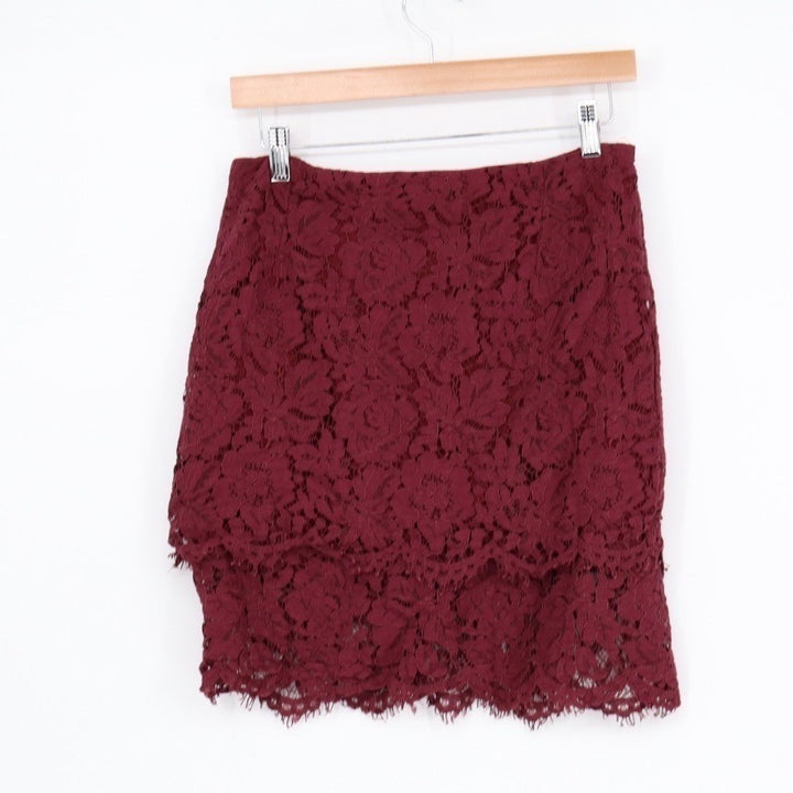 Lulus A-Line Skirt Womens Large Burgundy Stretch Floral Lace Cocktail Back Zip