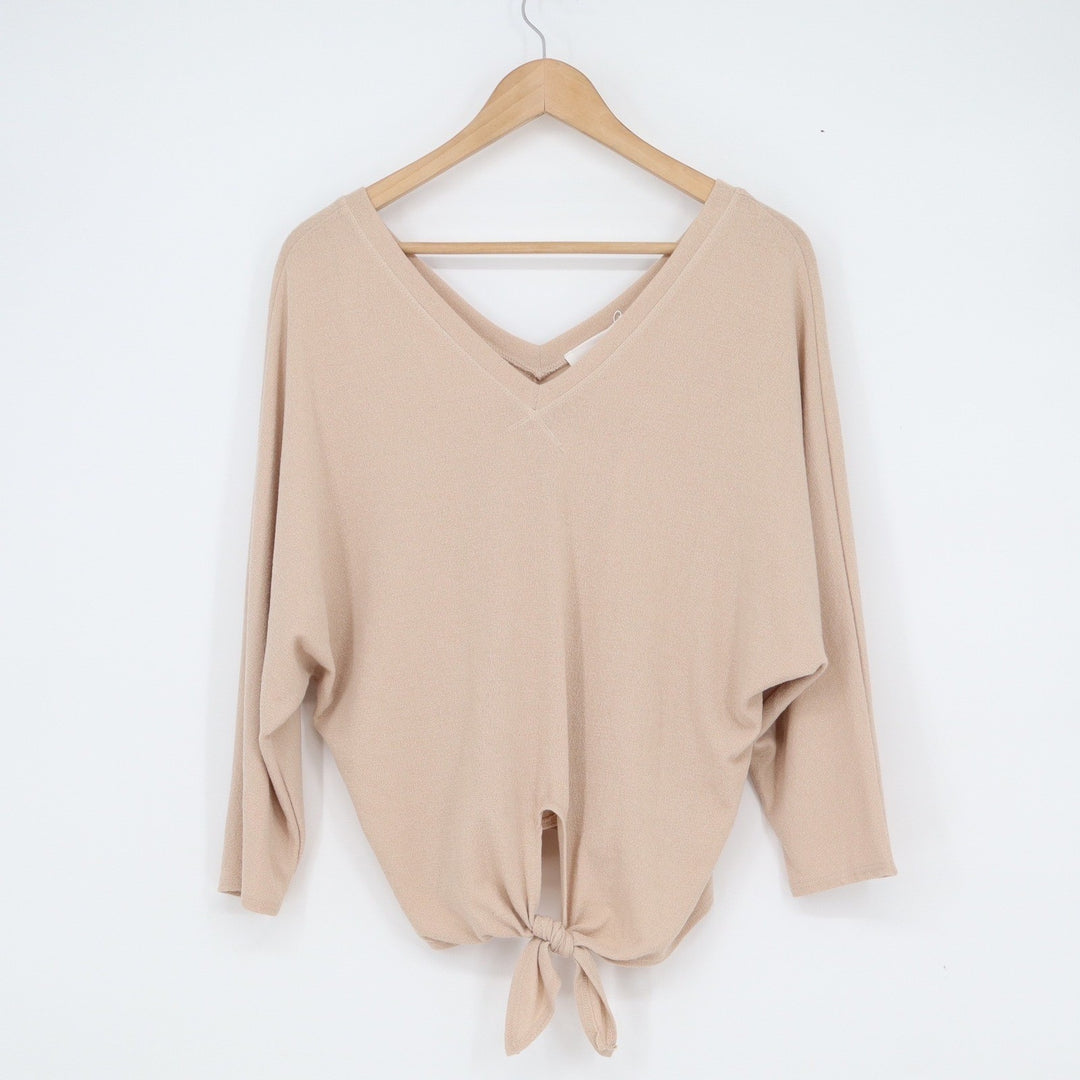 Six/Fifty Womens V Neck Tie Front Top Beige Long Sleeve Dolman Small
