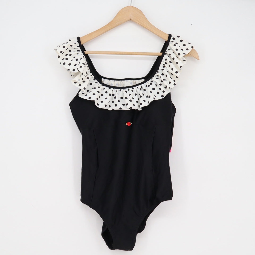 Betsey Johnson Dots Amore One Piece Swimsuit Black Polka Dot Ruffle M