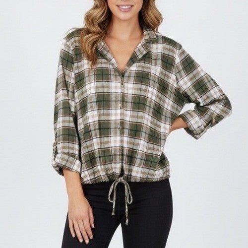 Eden & Olivia Flannel Shirt Womens Large Green Plaid Spread Collar Button Up