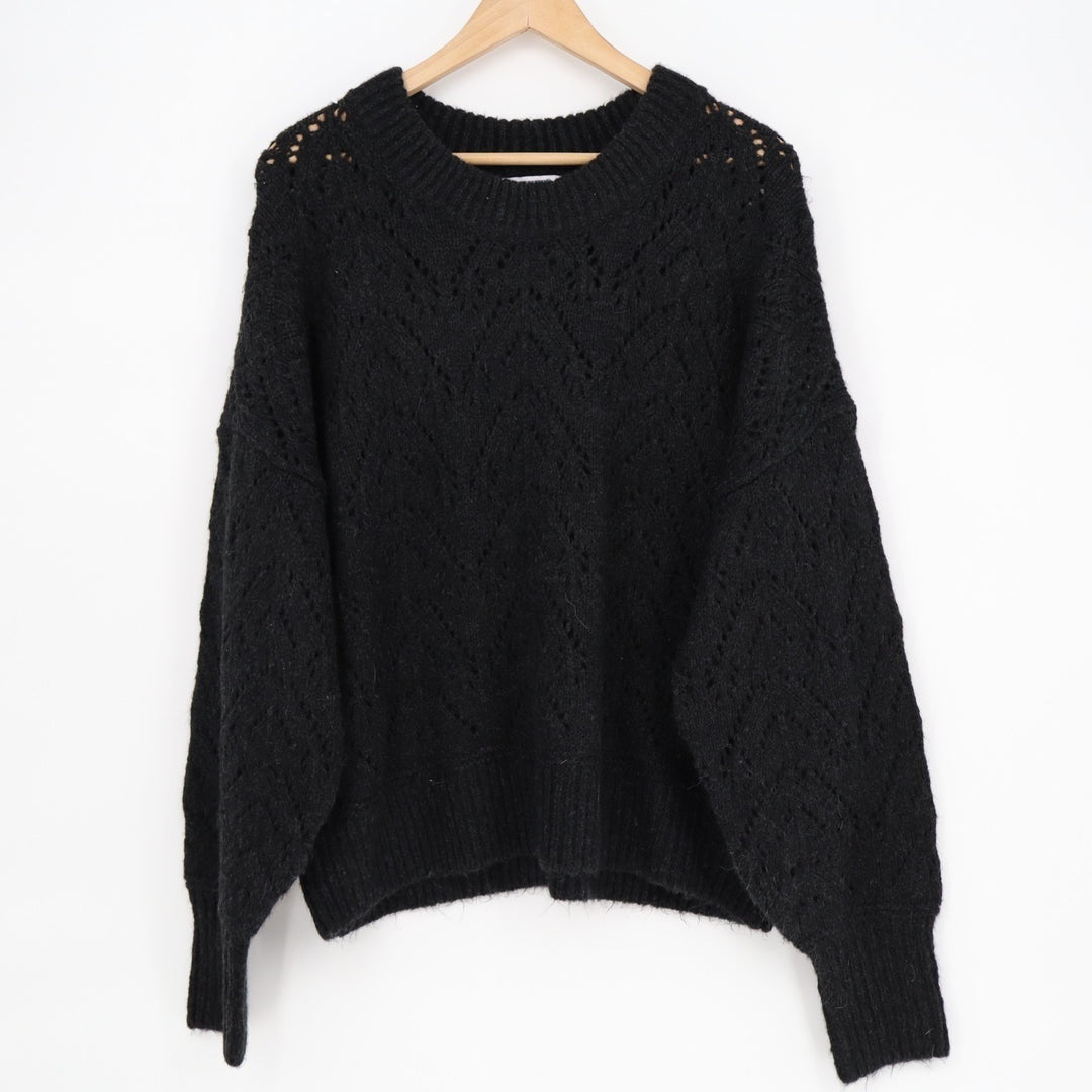 Old Navy Sweater Womens L Black Crew Neck Perforated Detail Ribbed Hem Oversized