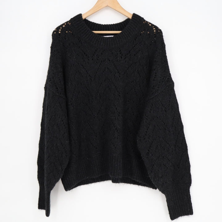 Old Navy Sweater Womens L Black Crew Neck Perforated Detail Ribbed Hem Oversized