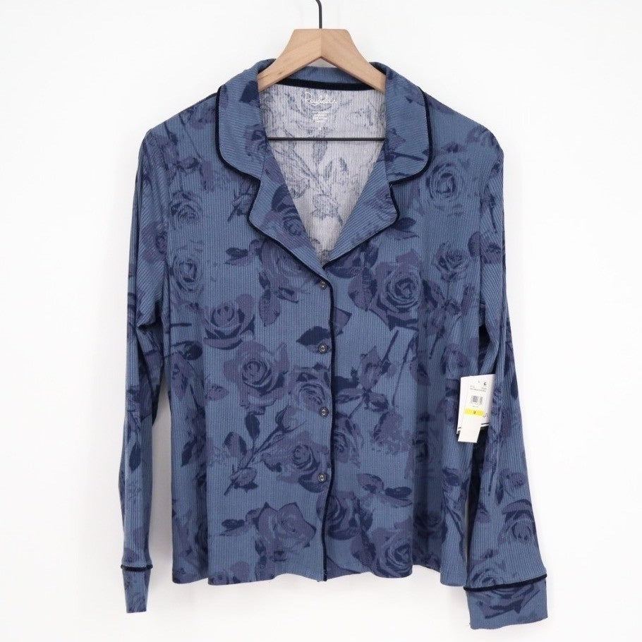 Roudelain Pajama Top Womens Medium Vintage Indigo Floral Print Stretch Ribbed