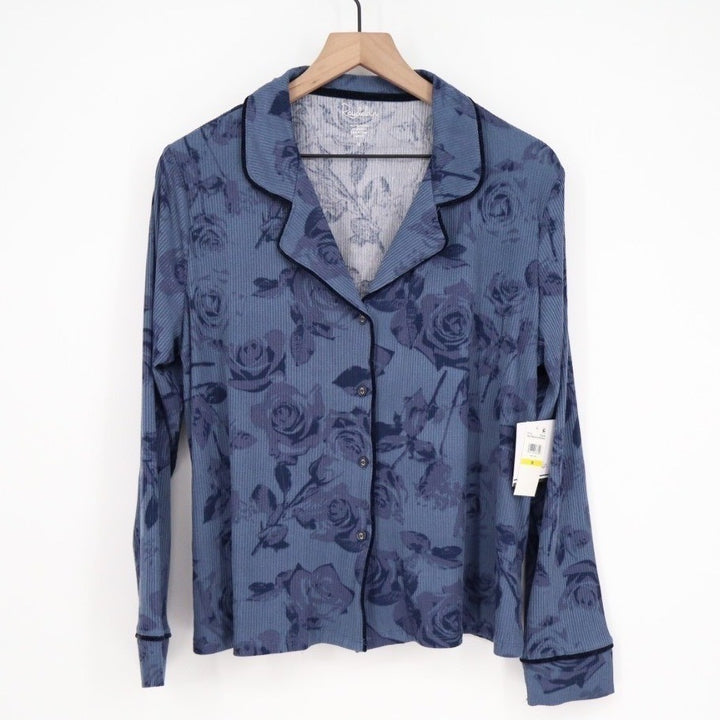Roudelain Pajama Top Womens Medium Vintage Indigo Floral Print Stretch Ribbed
