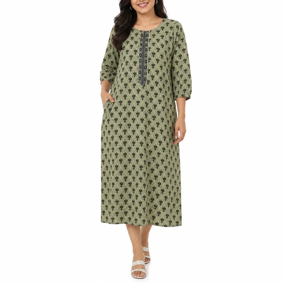 Green Floral Cotton Kurta Midi Dress Embroidered Sequin Tunic India Size 40