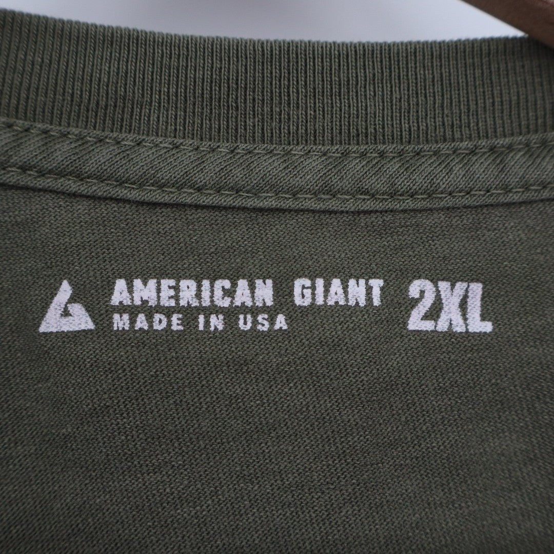 American Giant Crew Tee Shirt Mens 2XL Washed Olive Green Cotton Logo Casual
