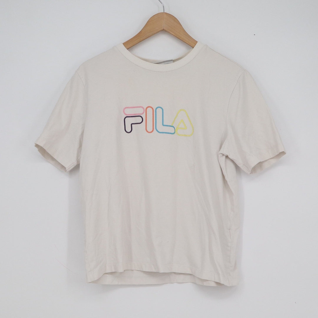 Fila Womens M Cream Short Sleeve Embroidered Rainbow Outline Logo T-Shirt