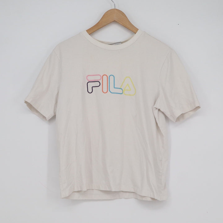 Fila Womens M Cream Short Sleeve Embroidered Rainbow Outline Logo T-Shirt