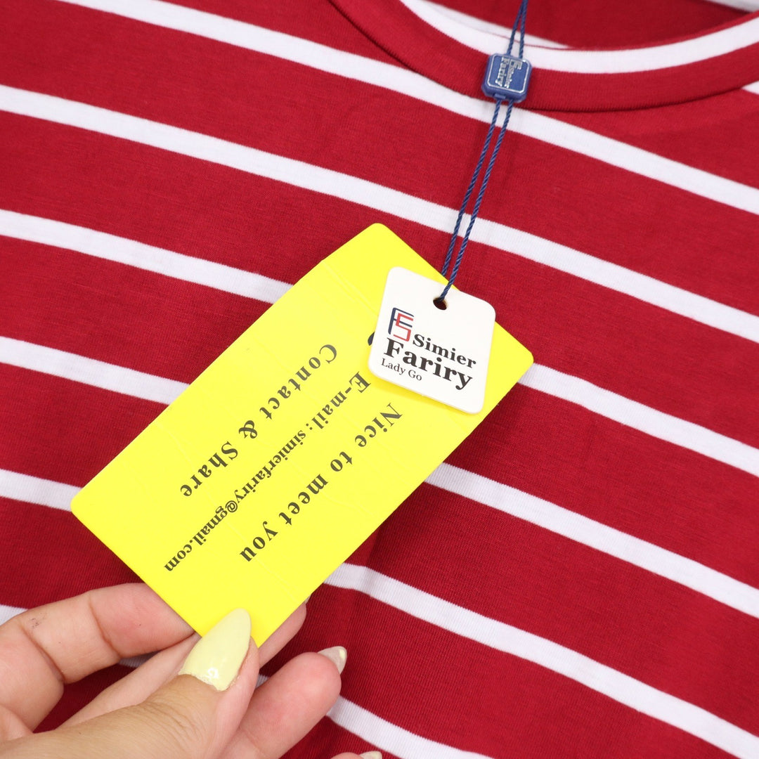 Simier Fariry Red White Striped Short Sleeve Midi Dress Pockets Medium NEW