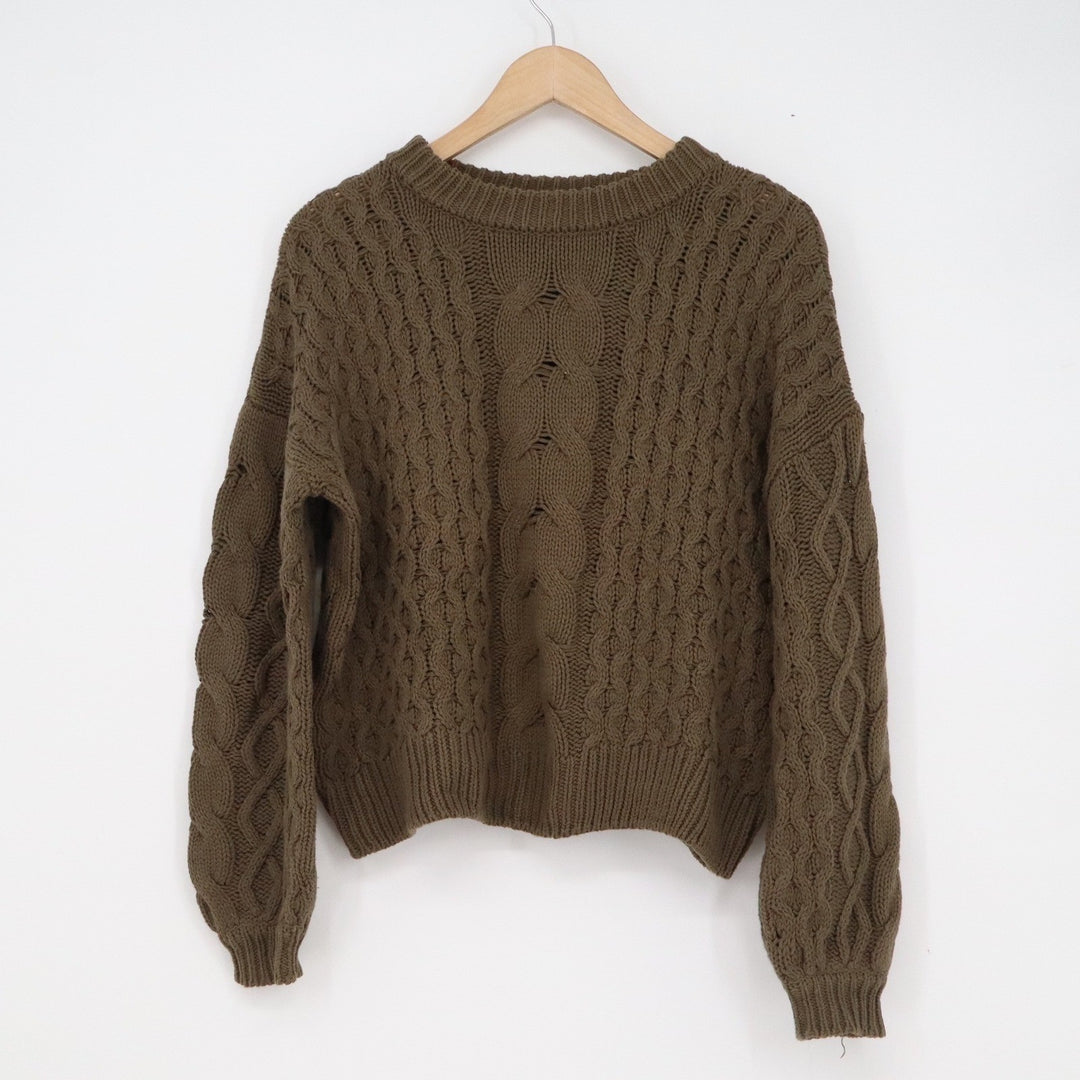 Moon & Madison Olive Green Cable Knit Sweater Crew Neck Chunky Pullover Medium