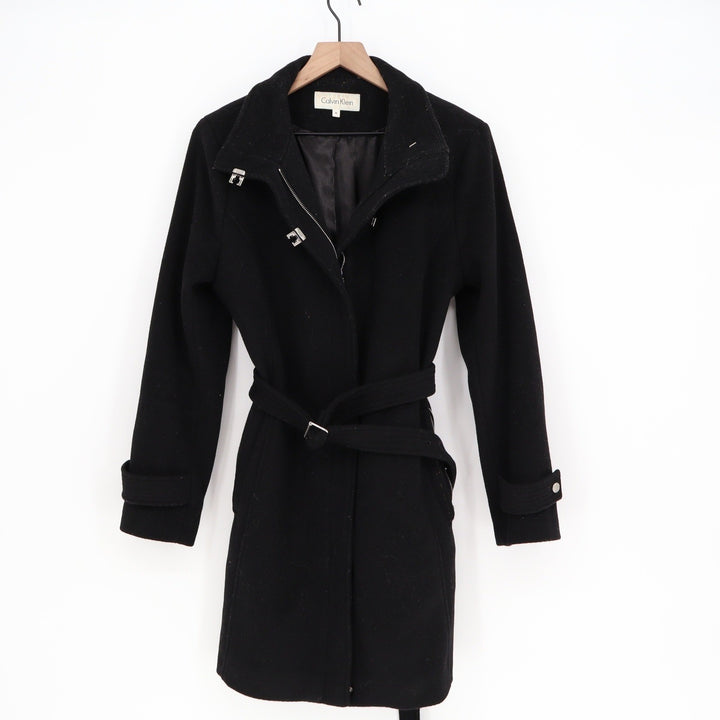 Calvin Klein Womens Black Wool Blend Belted Trench Coat Zip Front Size M