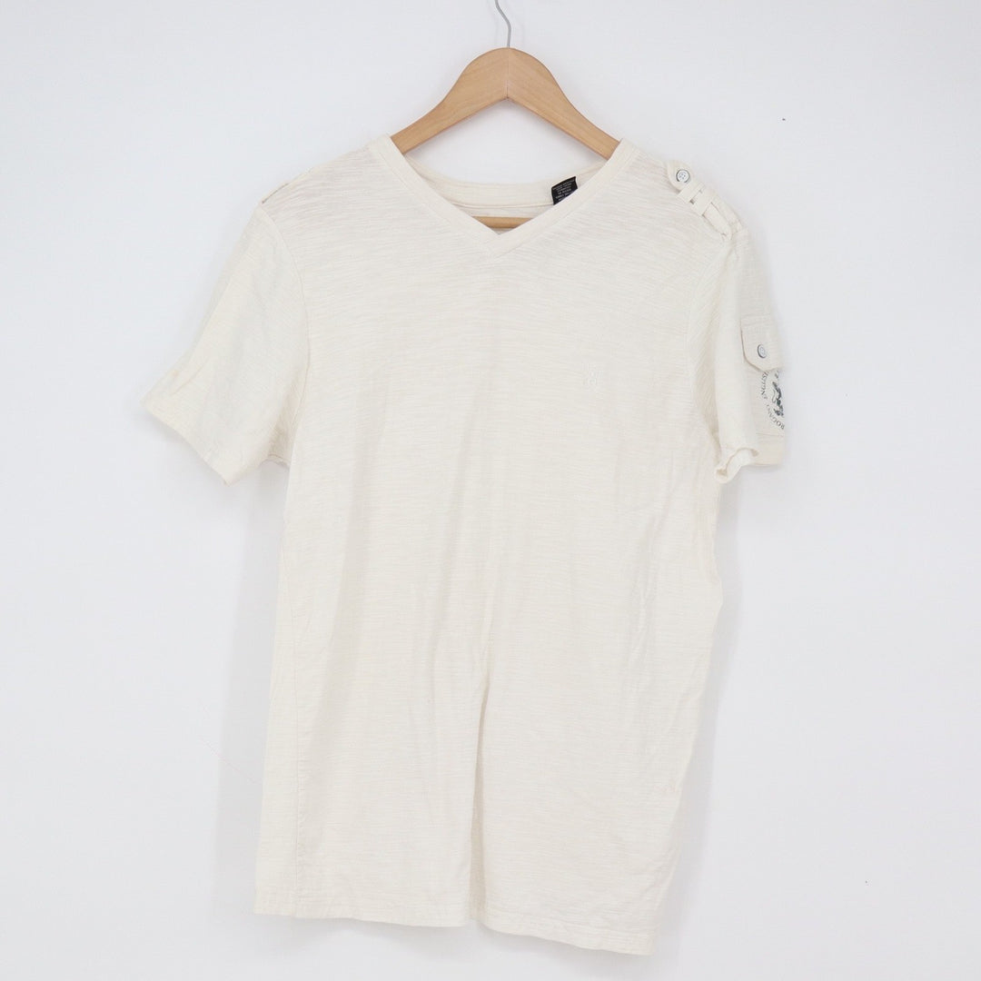 English Laundry T-Shirt Mens M Cream Slub Knit Button Shoulder Good