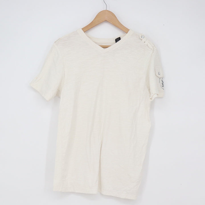 English Laundry T-Shirt Mens M Cream Slub Knit Button Shoulder Good