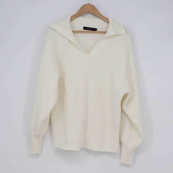 ZESICA Womens Off White Ribbed Knit Collared V-Neck Pullover Sweater Size L