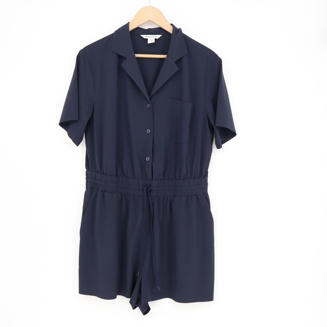 Athleta Brooklyn Romper Navy Blue Button Front Short Sleeve Petite Medium MP