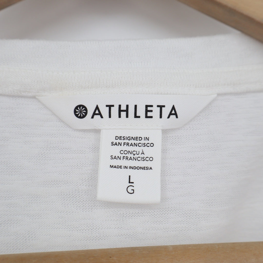 Athleta Womens White Tencel Modal Blend Elbow Sleeve Boxy Crew Neck Top Large