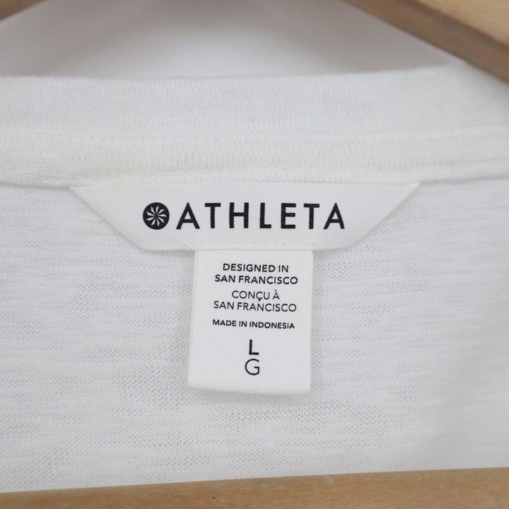 Athleta Womens White Tencel Modal Blend Elbow Sleeve Boxy Crew Neck Top Large