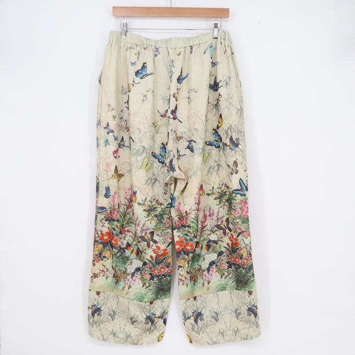 Unbranded Butterfly Floral Print Wide Leg Pants XL Beige Elastic Waist Boho