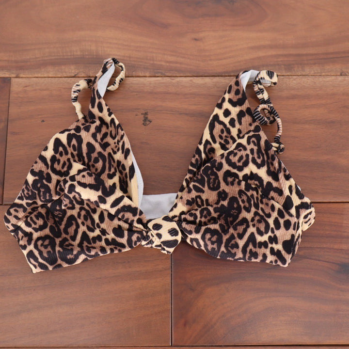 ASOS DESIGN M&M Rib Knot Crop Bikini Leopard Print UK 8 US 4