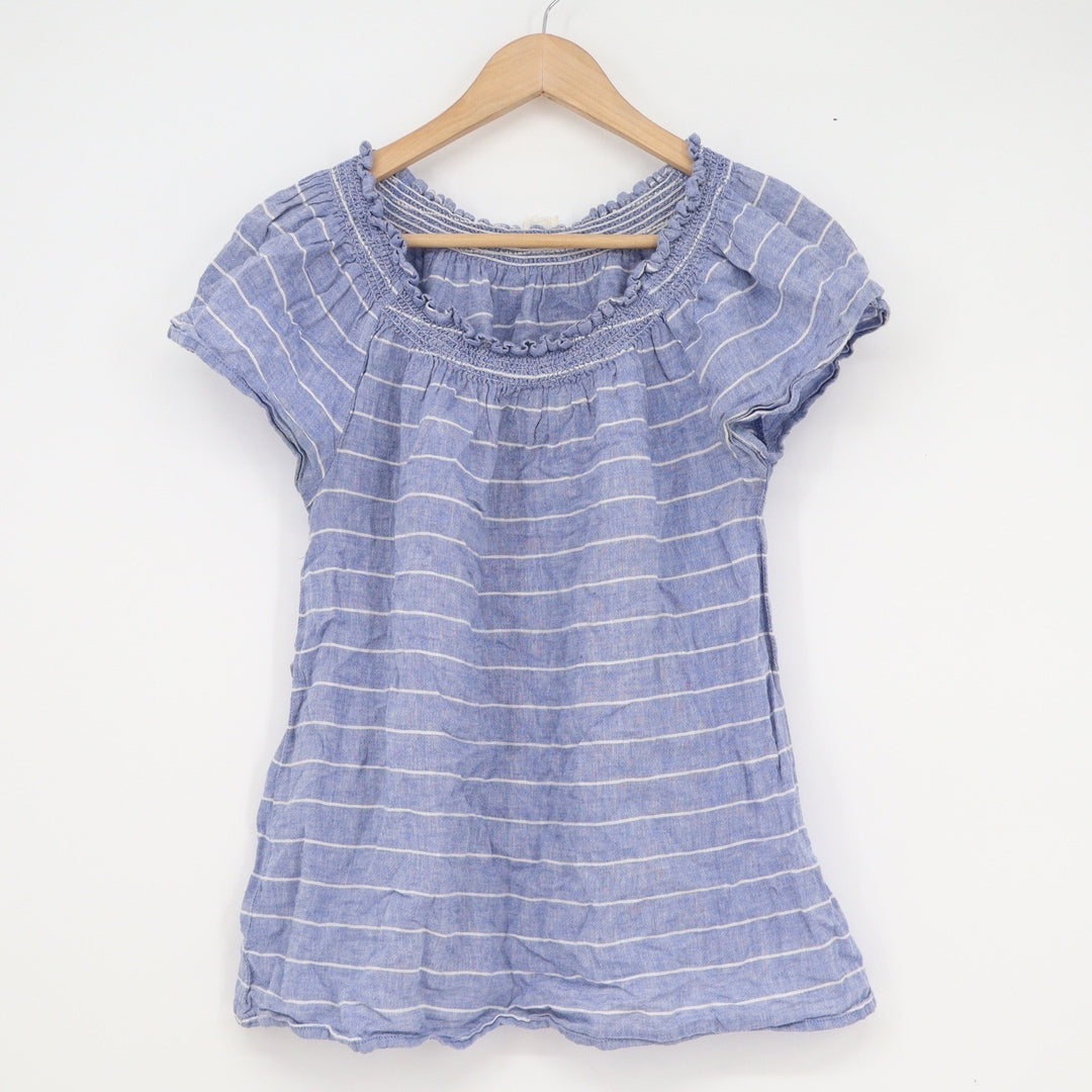 Beachlunchlounge Blue White Striped Linen Blend Smocked Neck Blouse Small