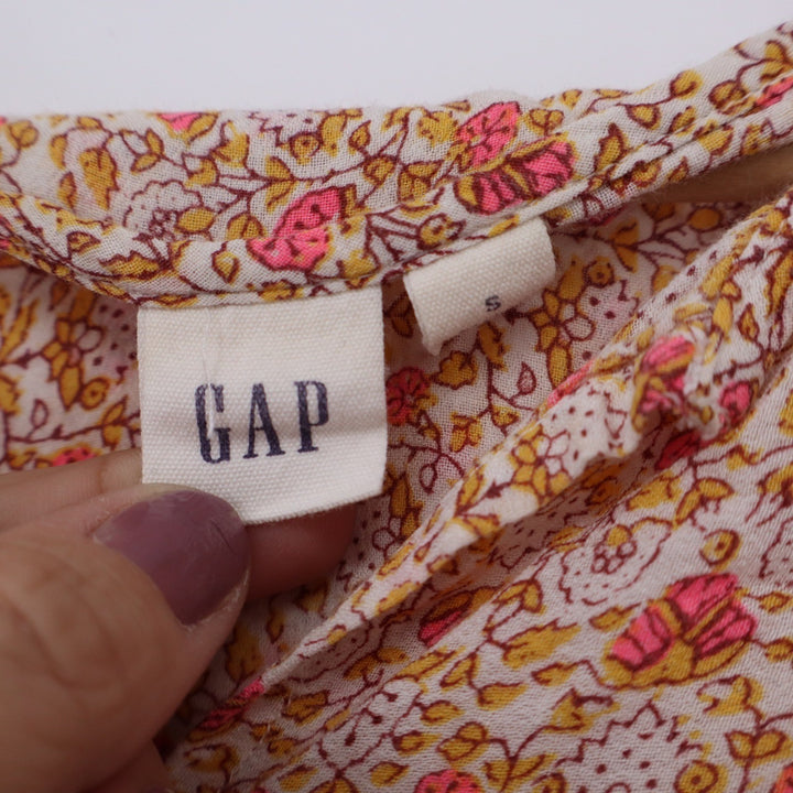 Gap Womens Small Pink Floral Block Print Long Sleeve Split V-Neck Blouse Top