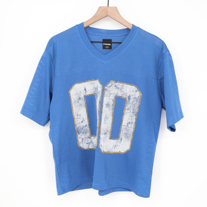 RSQ Football Crop Jersey Womens Small Blue Mesh V-Neck Short Sleeve Pullover