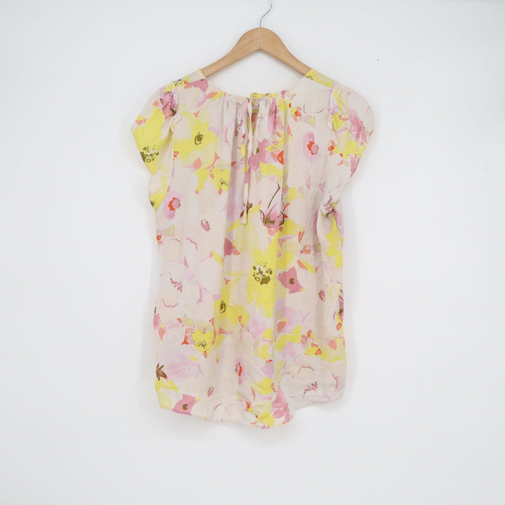 LC Lauren Conrad Floral Flutter Sleeve Blouse Yellow Pink Watercolor Top Large