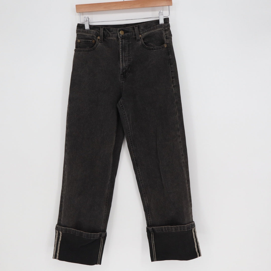 Miou Muse Womens Faded Black High Rise Straight Leg Cuffed Jeans Size S
