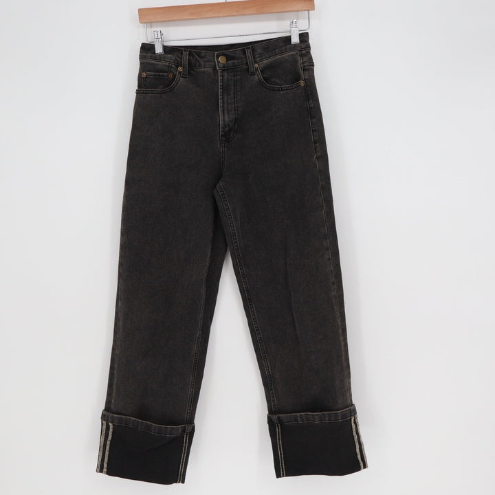 Miou Muse Womens Faded Black High Rise Straight Leg Cuffed Jeans Size S