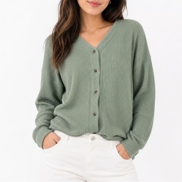 Alexander Del Rossa Sage Green Waffle Knit Cardigan V-Neck Button Top Large