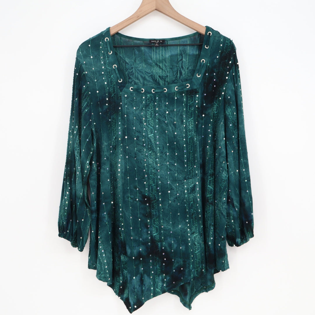 Sami & Jo Top Womens 2X Sharkbite Teal Tie Dye Sequin Grommet Tunic Excellent