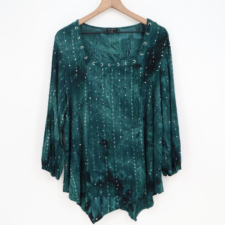 Sami & Jo Top Womens 2X Sharkbite Teal Tie Dye Sequin Grommet Tunic Excellent