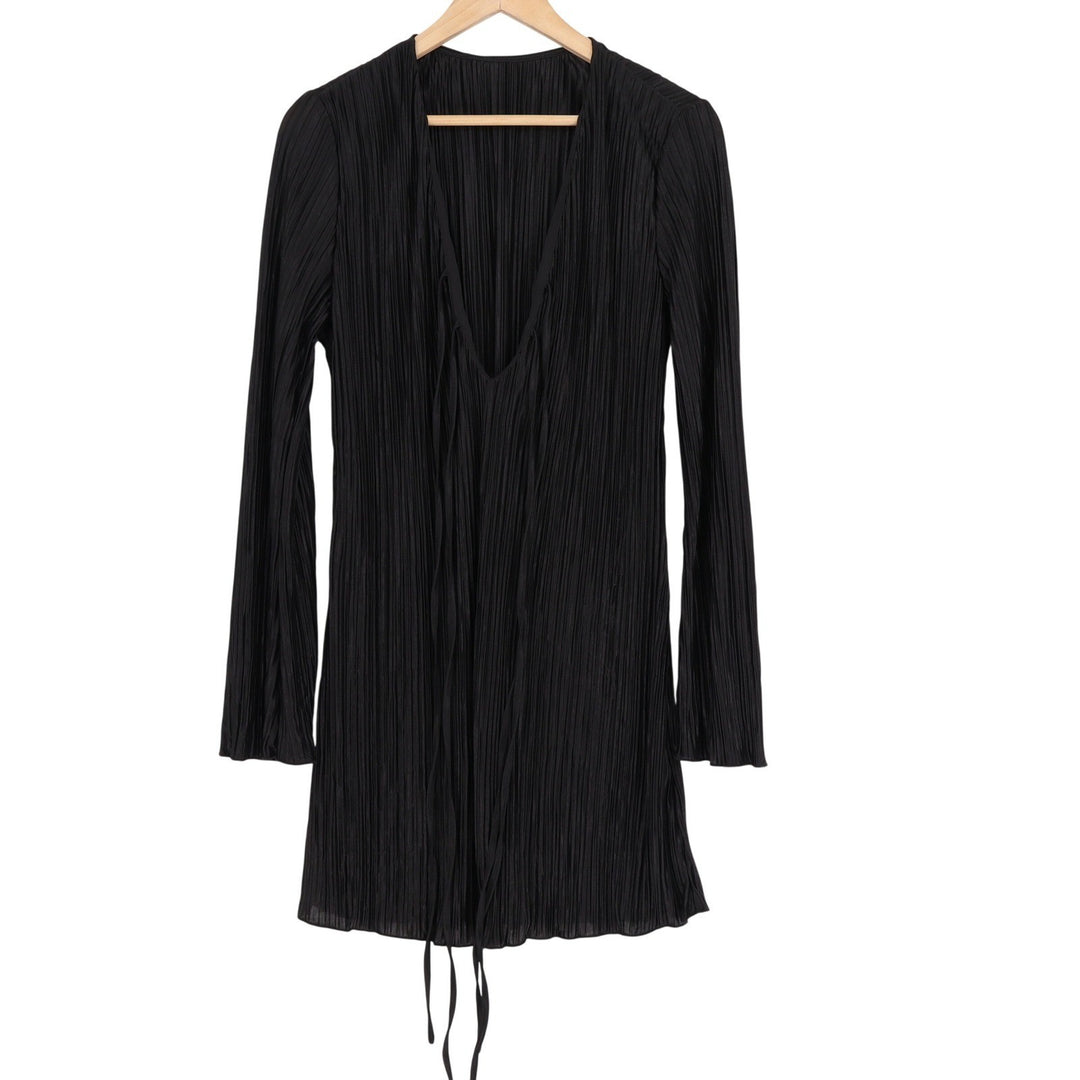Black Plisse Pleated Long Sleeve Mini Dress Deep V-Neck Tie Front Size L