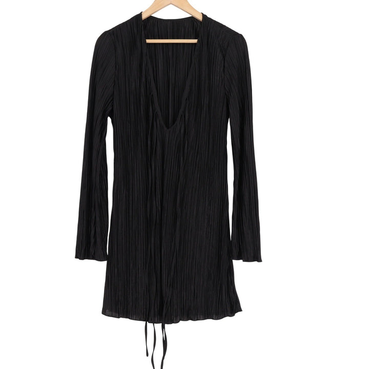 Black Plisse Pleated Long Sleeve Mini Dress Deep V-Neck Tie Front Size L