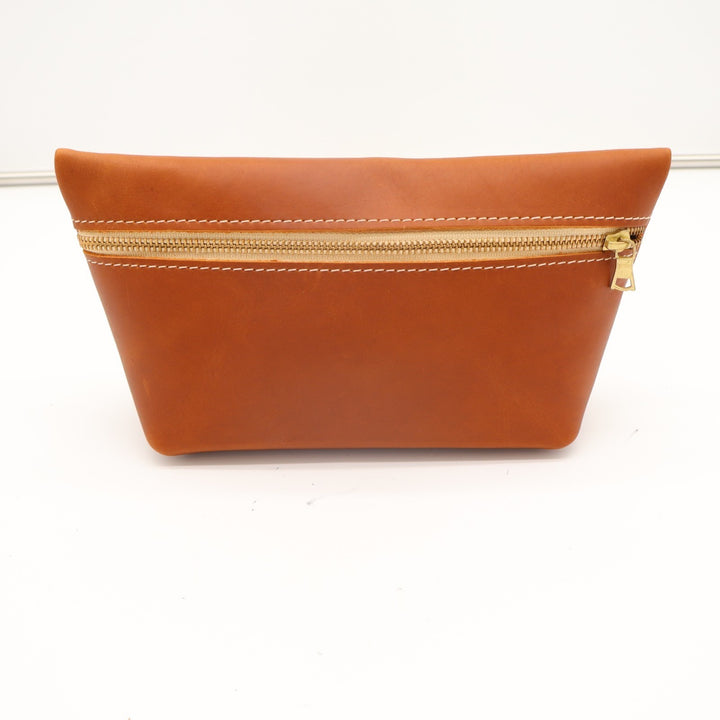 Womens Handbag Brown Honey Cognac Leather Sturdy Zipper Makeup Bag