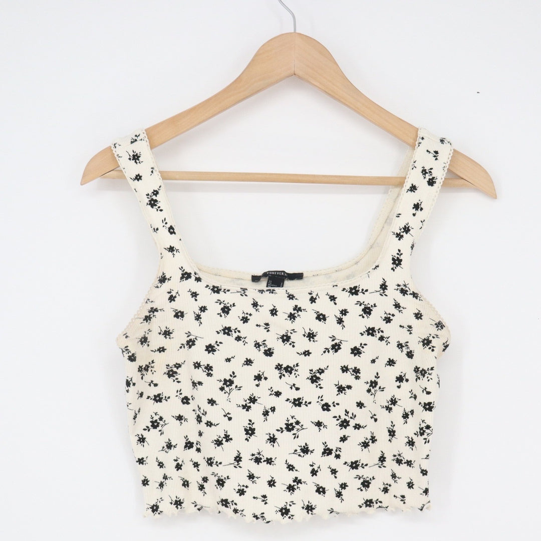 Forever 21 Floral Ribbed Crop Tank Top Cream Black Lace Trim Small