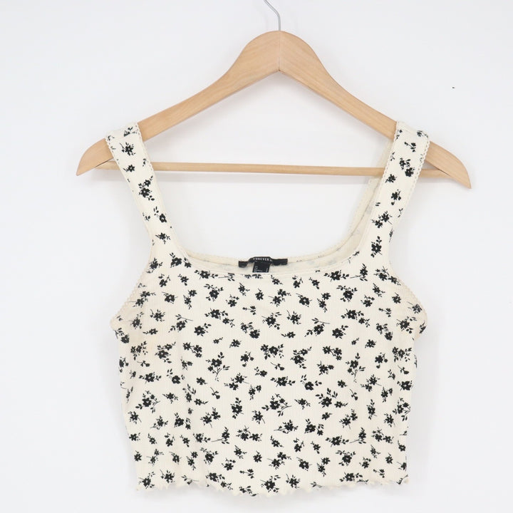 Forever 21 Floral Ribbed Crop Tank Top Cream Black Lace Trim Small