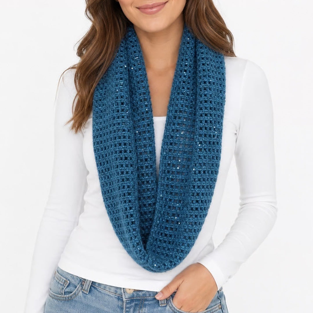 Tickled Pink Teal Blue Sequin Open Knit Crochet Infinity Scarf One Size Sparkle