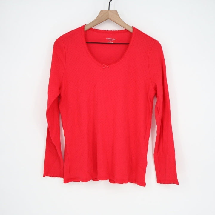Charter Club Intimates Pajama Shirt Womens L Red Cotton Scoop Neck Long Sleeve