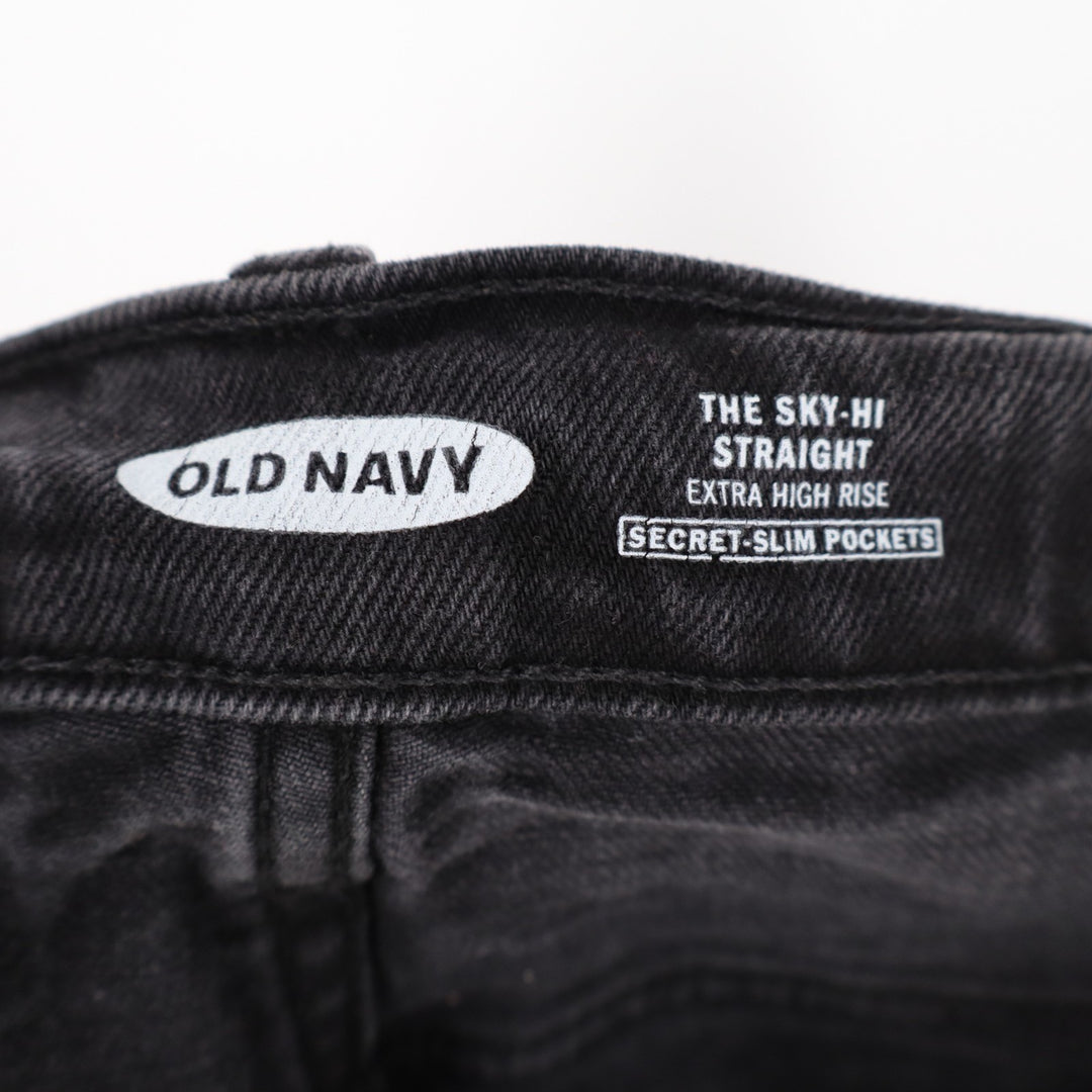 Old Navy Extra High Waisted Sky-Hi Straight Jeans Womens 6 Black Denim Raw Hem