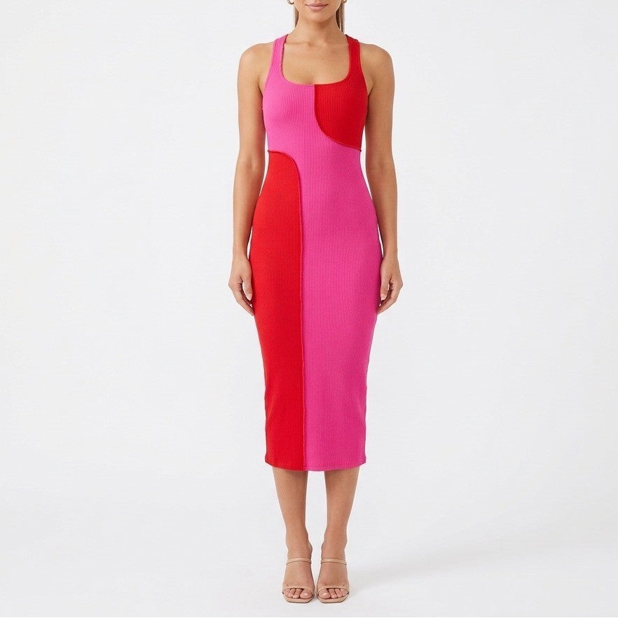 Naked Wardrobe Pink Red Colorblock Ribbed Racerback Midi Dress Small