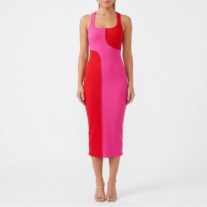 Naked Wardrobe Pink Red Colorblock Ribbed Racerback Midi Dress Small